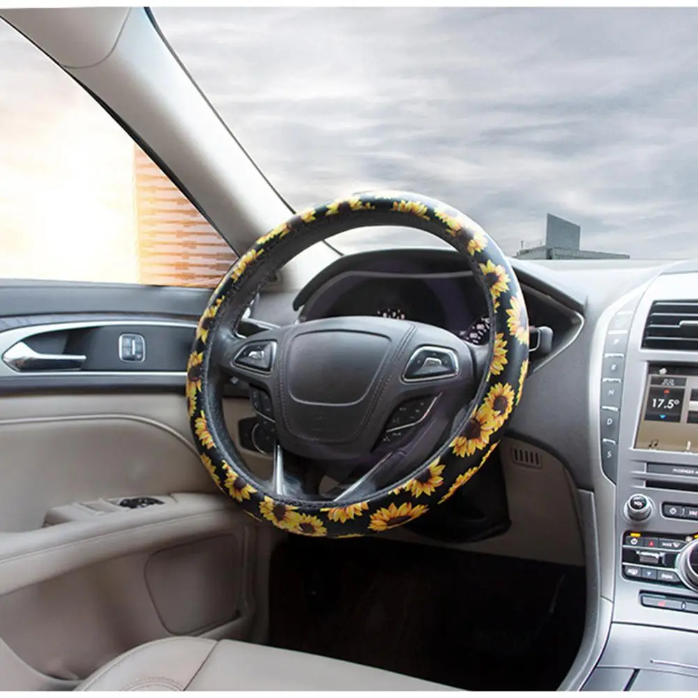 

Car Steering Wheel Cover Universal Sunflower Non-slip Sweat-Absorbing PU Leather Steering Covers Installing Easily Car-styling