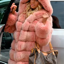 Fengguilai модное роскошное пальто из искусственного меха для женщин 80 см длинная куртка из натурального Лисьего меха с большим меховым капюшоном полный рукав зимний толстый мех