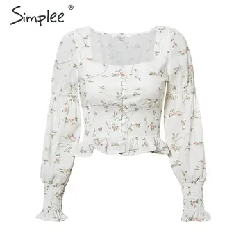 

Simplee Elegant white blouse women shirts 2020 Vintage flower print blouse tops summer Casual ruffles short tops blusas female