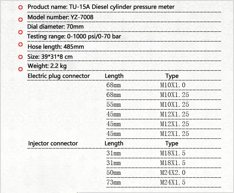 TU-15 Diesel Engine Compression Cylinder Pressure Tester Gauge Kit