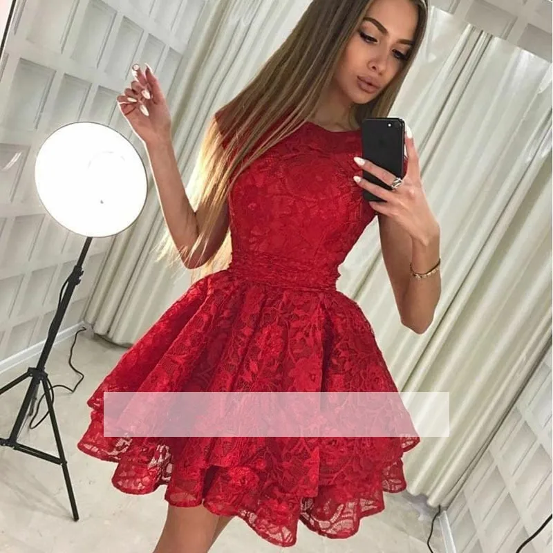 

Red 2019 Homecoming Dresses A-line Short Mini Lace Elegant Cocktail Dresses