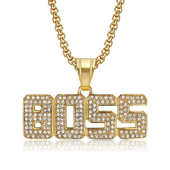 

Hip Hop Letter Boss Pendant Necklaces for Men Women Gold Color Stainless Steel Iced Out CZ Necklace Bling Jewelry Dropsinpping