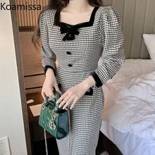 

Koamissa French style Plaid Long Dress 2021 Elegant Square Collar Women Dress Autumn Puff Long Sleeve Bodycon Party Dresses Robe
