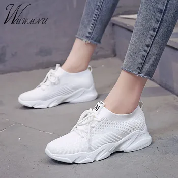 

Casual White Women Mesh Knitting Sneakers Women New Casual Spring Summer Flat Breathable Sport Running Shoes Lace Up Shoes Black