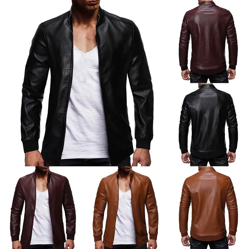 

2019 Men's Motorcycle Classic Zipper Closure Leather Jacket Autumn Leather Fashion Stand Collar Coat Solid Jackets Plus Size