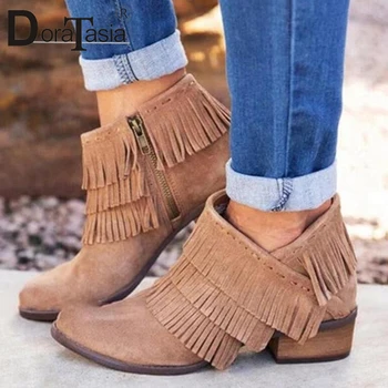 

DORATASIA Elegant Office Autumn Fringe Ankle Boots Low Chunky Heels Boots Women Ins Hot 2020 Western Shoes Woman