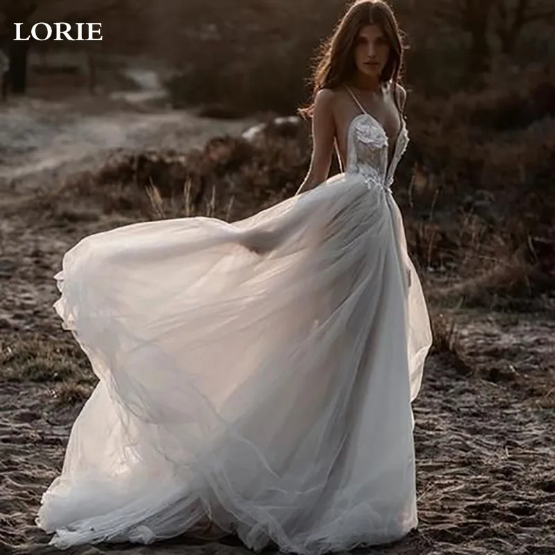 

LORIE Boho Wedding Dress Spaghetti Strap A Line Long Backless Beach Wedding Gown Appliques Lace Top Bride Dress 2019