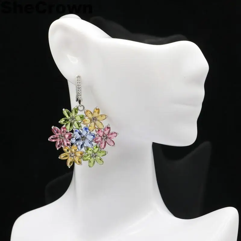 

46x35mm Colorful Tourmaline,Violet Tanzanite,Citrine,Peridot CZ Silver Earrings