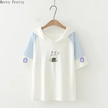 

Cartoon Rabbit Printed Hooded T Shirts Short Sleeve Patcwrk Cotton T Shirt Harakuju Cue Tops Tes 2020summer Wome Clothing