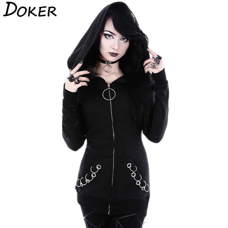 Women Punk Hoodie Sweatshirt 2020 Autumn Long Sleeve Iron Ring Hooded Zipper Jackets Casual Plus Size Black Tops Female Clothes