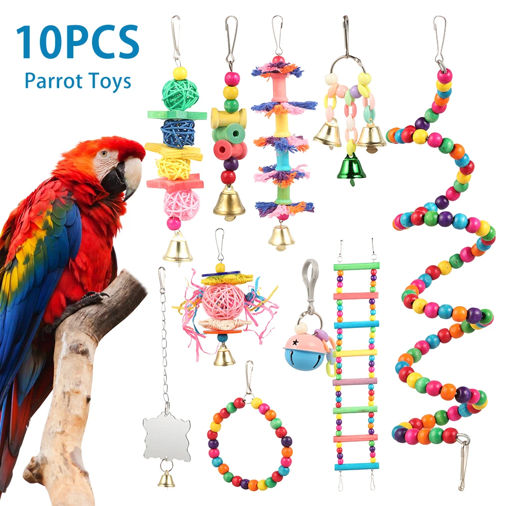 BESUFY Parrot Chewing Toys,Birds Swing with Bells for Medium Parrots Birds  African Grey Cockatoos Pet Bird Parrot Bell Stand Perch Cotton Rope Chewing Bar Cage Hanging Toy Random Color 1M 