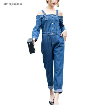 

Sexy Off Shoulder Women Denim Jumpsuit Pants Jeans 2020 Autumn High Waist Female Overalls Long Sleeve Romper Streetwear Bodysuit