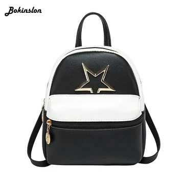 

Bokinslon Simple Contrast Color Female Casual Backpack Trend PU Leather Portable Small School Backpack Ladies Fashion Bag