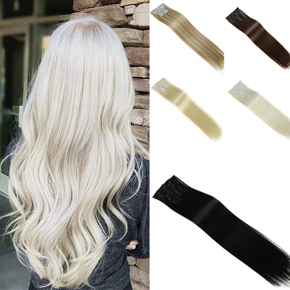 

6Pcs/Set Hairpiece Straight In False Synthetic Clip In Hair Extensions Heat Resistant Hair Accessories for Women Adult Buqi
