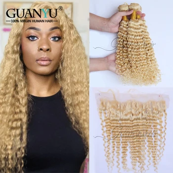 

Human Hair Deep Wave 613 Honey Blonde Hair Bundles with Frontal Closure 13X4 Brazilian Remy Weft 3 Bundles Curly Hair Weave