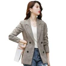 Female Elegant Formal OL Spring Autumn Khaki Plaid Blazer Women Outerwear Coat & Jackets Office Ladies Clothes Double Breasted