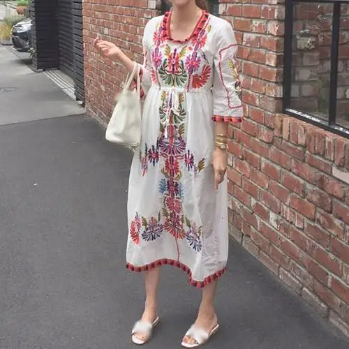 Bohemia Embroidery Dresses Chic Cotton Linen O Neck Floral Embroidered Dress Women Holiday Casual Dress Vestidos