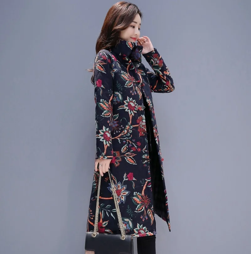 

Uego Padding Cotton Thicken Warn Winter Coat Print Floral Vintage Outerwear Coats Cotton Linen Women Casual Midi Jakcet Coat