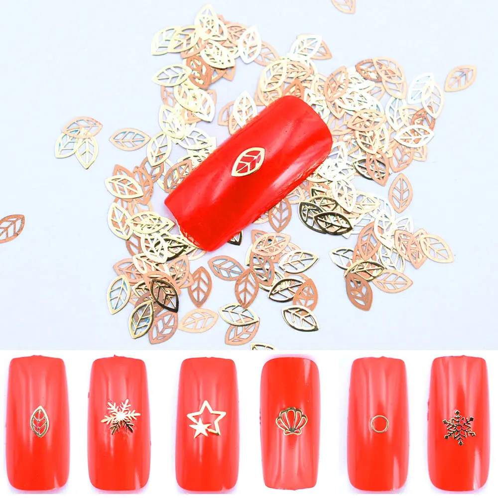 

800PCS/Lot Bronzed Gold Hollow Leaf Bow Rose Flowers Crown Stars Metal Paillette Nail Art Sequins Decorations Slice Manicure Set