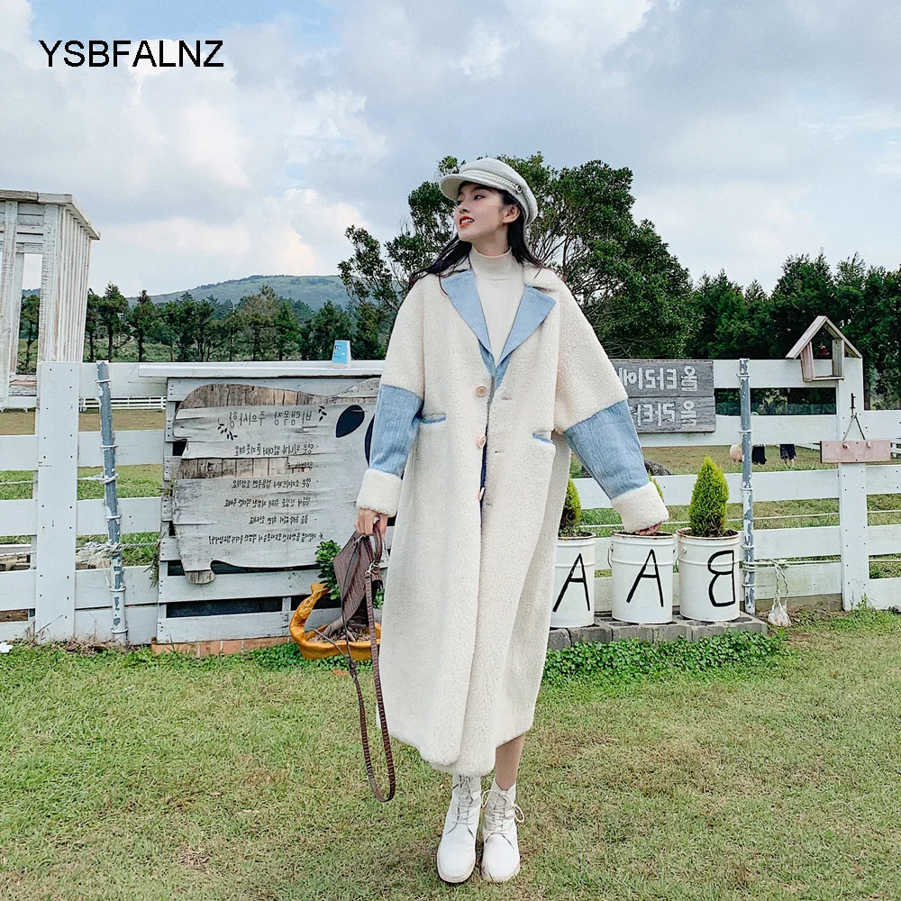 

Denim Stitching Lamb Wool Coat 2023 Winter Fashionable Quality Warm Womens Retro Style Loose Long Coat Clothing Mulheres Casacos