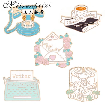 

Meirenpeizi Typewriter Enamel Pin Pink Black Grey Brooches Lapel pins Badges Denim Jeans Bags Jewelry Gift for Writer Jewelry