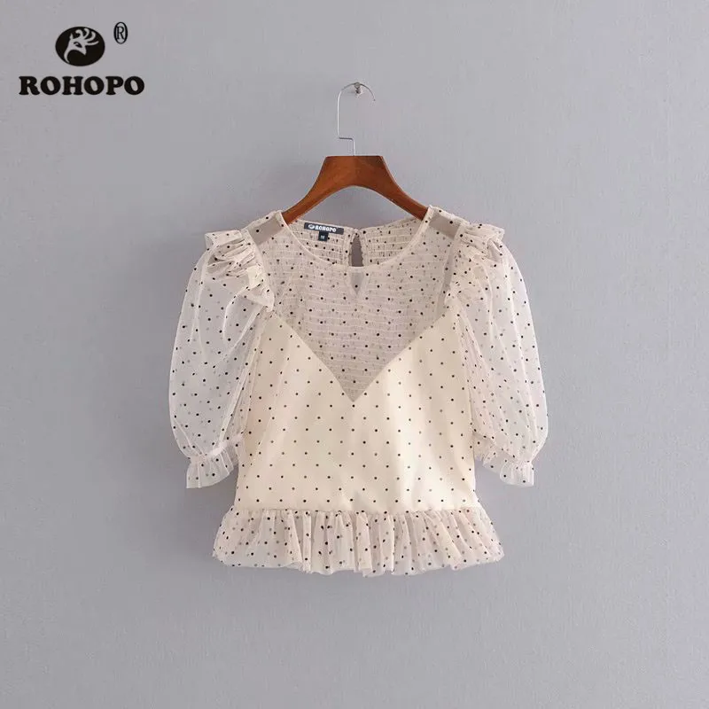 

ROHOPO Puff Sleeve Polk Dot Mesh Chiffon Crop Tops Trim Ruffled Double Layers Female sheer Top Tee Shirt #2101