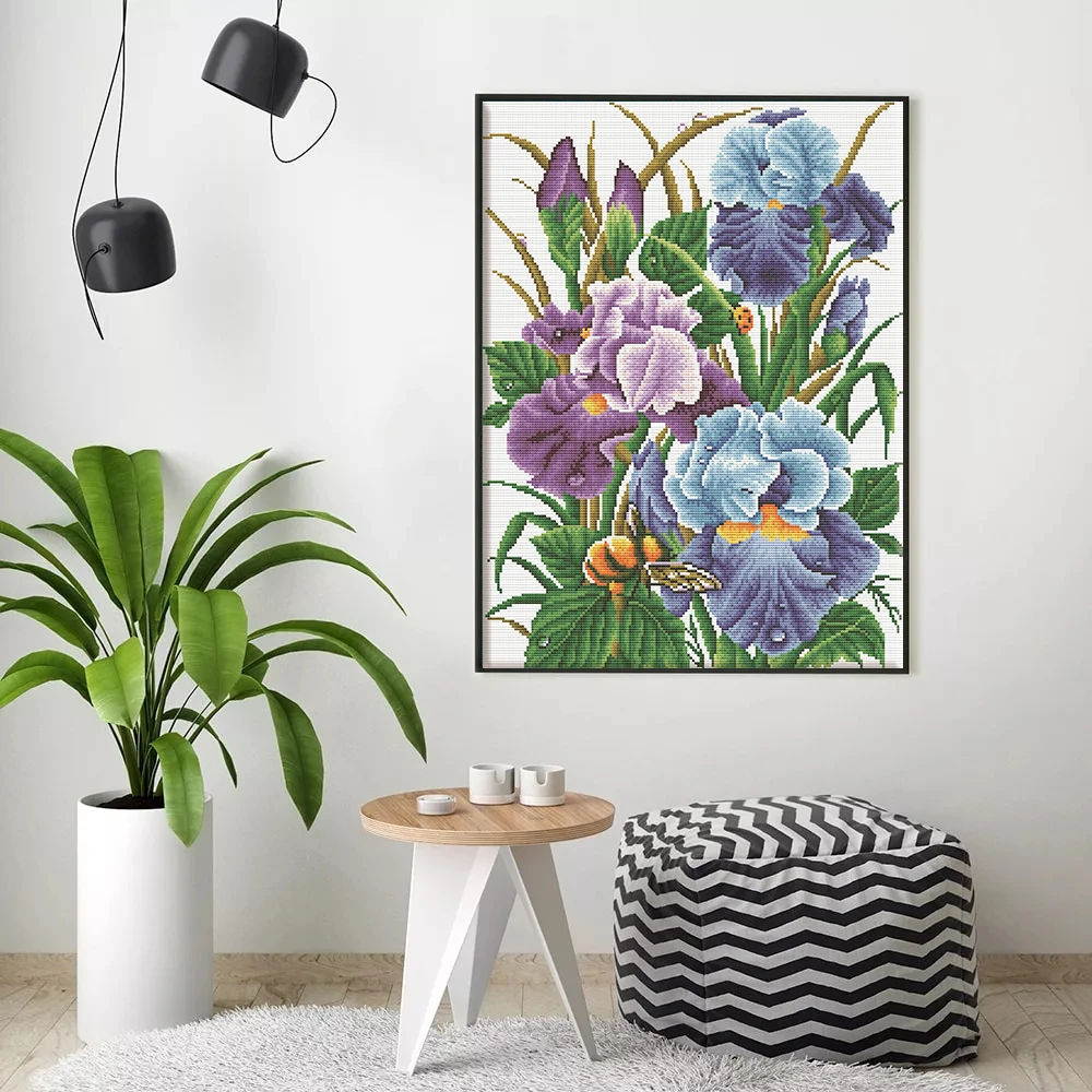 HUACAN Embroidery Iris Flower Kits Cross Stitch Set Needlework White Canvas DIY Home Decoration 14CT 40x50cm