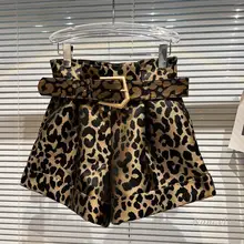 Shorts de leopardo feminino 2021 inverno novo cinto de cintura alta perna larga curta femme casual all match lady outfits nancylim