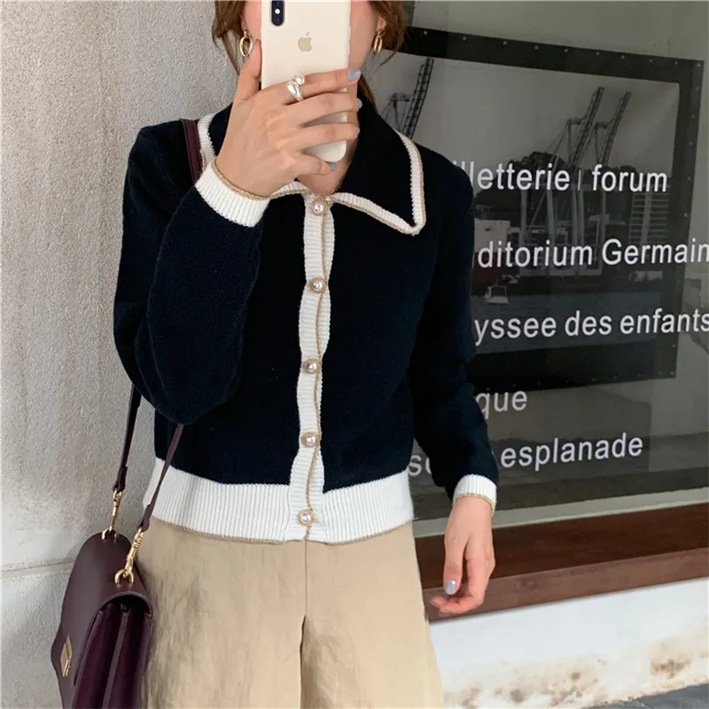 RUGOD women's sweater cardigans turn down collar single breasted long sleeve patchuwork knit coat fashion female elegant
