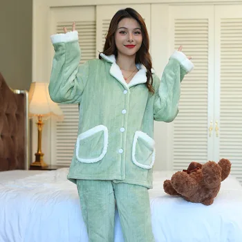 

2 Pieces Winter Women Thicken Warm Soft Pajamas Female Flannel Pyjamas Set Mujer Long Sleeve Sleepwear for Girls Ladies Pijamas