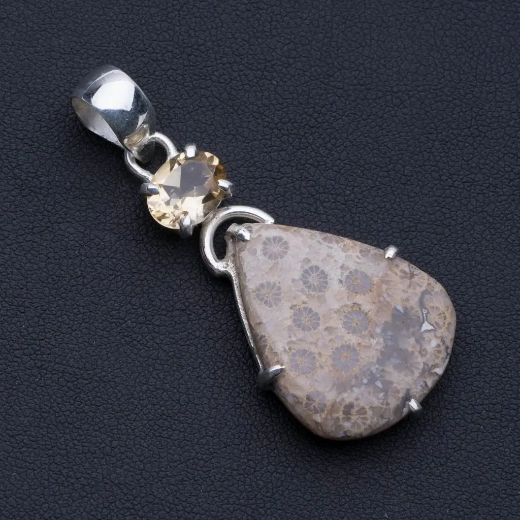 Природный окаменелый коралл и цитрин 925 пробы серебряный кулон " P0588
