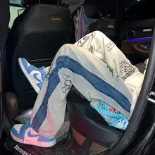 Pantalones vaqueros con estampado de Graffiti para hombre y mujer, Pantalón recto a rayas, ropa de calle Hip hop rasgada, moda 2021