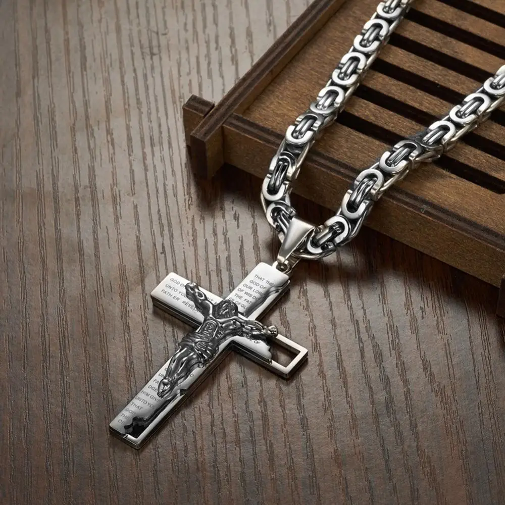 Granny Chic Silver Color Stainless Steel Jesus Crucifix Cross Pendant Necklaces with Byzantine Box Chain 6mm Wide 20-40inch
