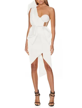 

White Yellow Sexy Dress Elegant One Shoulder Fashion Women Night CLub Banquet Bow Evening Party Dress Bodycon
