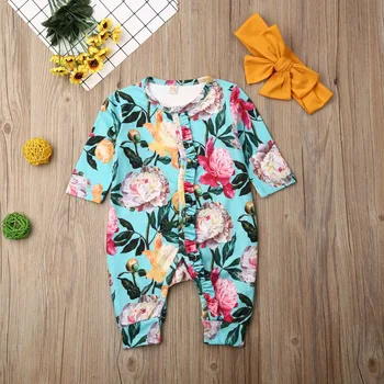 

Pudcoco Newborn Baby Girl Clothes Flower Print Long Sleeve Cotton Romper Jumpsuit Headband 2Pcs Outfits Clothes Sleepcoat