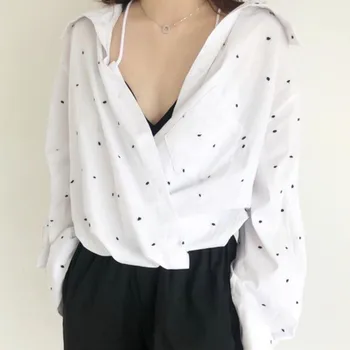 

Women's Shirts Cotton Dot Print Double Inside Autumn Long Sleeve Lace Up Irregular Embroidery Blouse