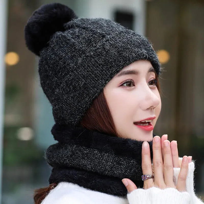 SUOGRY Hot Selling 2pcs Ski Cap And Scarf Cold Warm Leather Winter Hat for Women Knitted Hat Bonnet Warm Cap Skullies Beanies