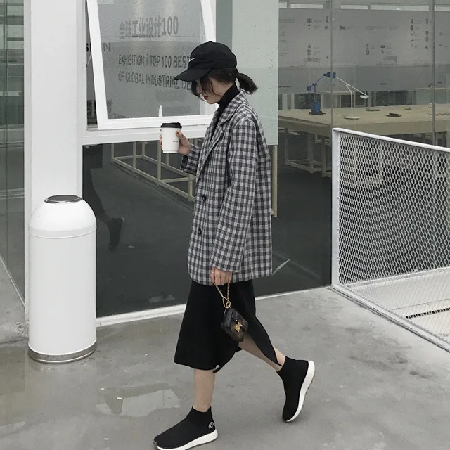 

2019 Autumn Clothing New Style Korean-style Retro Super Fire CEC Casual Plaid Suit Jacket Loose-Fit Versatile Long-sleeved Upper
