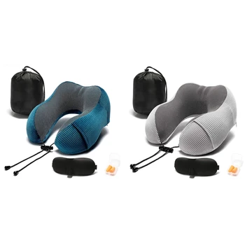 

2 Set Travel Pillow Memory Foam with 360-Degree Head Support Neck Pillow with Storage Bag Traveling Pillow, Gray & Blue