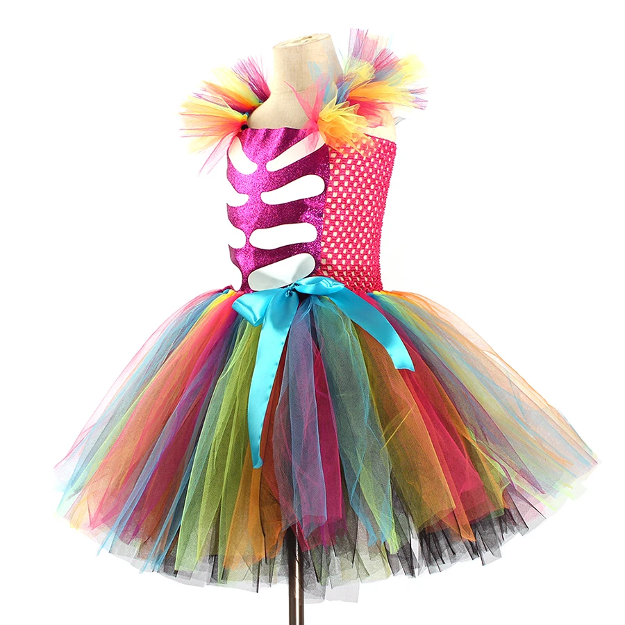 Children Day Of The Dead Halloween Costume Girls Skeleton Skull Dia Muertos Fancy Tutu Dress with Headband Cosplay Party Dress (13)