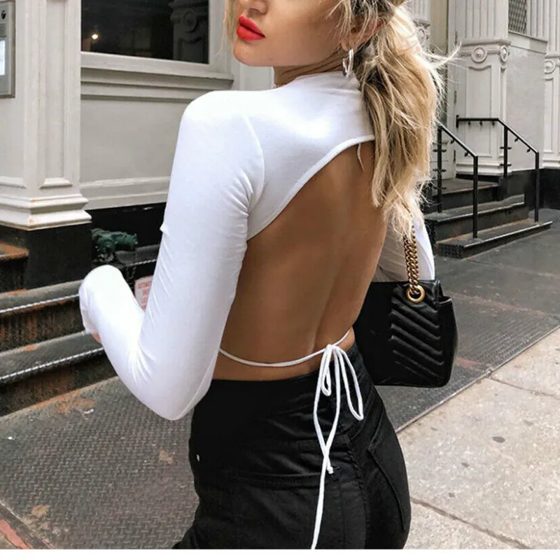 

Women Summer High Street Crop Top Backless Lace-up Long Sleeve Sexy Holiday Ladies T-Shirt Tee