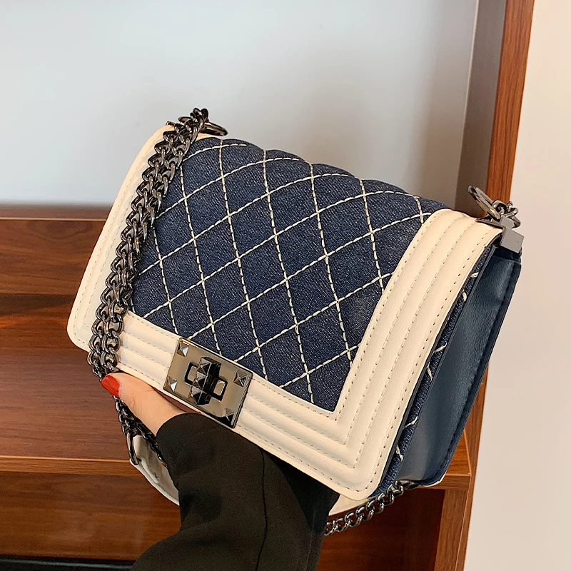 Ladies Plaid Crossbody Bag 2022 Winter Fashion Denim Women Designer