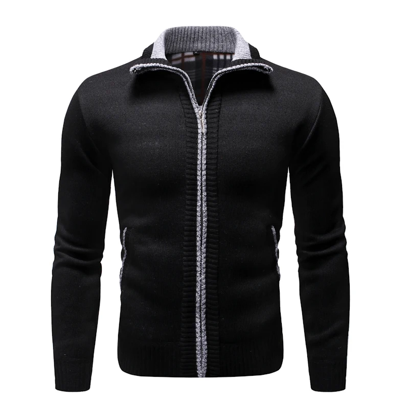 2019 winter mens Wool thick section plus velvet sweater Striped zipper cardigan lapel Korean version Hand-painted Blue Gray