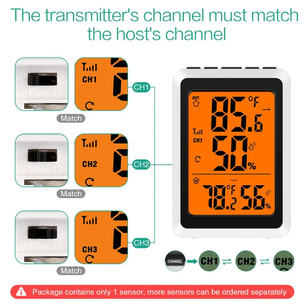 Digital Thermometer and Hygrometer with 3 Remote Sensors, Indoor Outdoor Temperature and Humidity Monitor with Touchscreen LCD Backlight, 200ft/60m RA