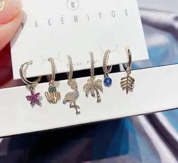 

High-end holiday style earrings set of 6 fashion color zircon cactus flamingo palm coconut earrings