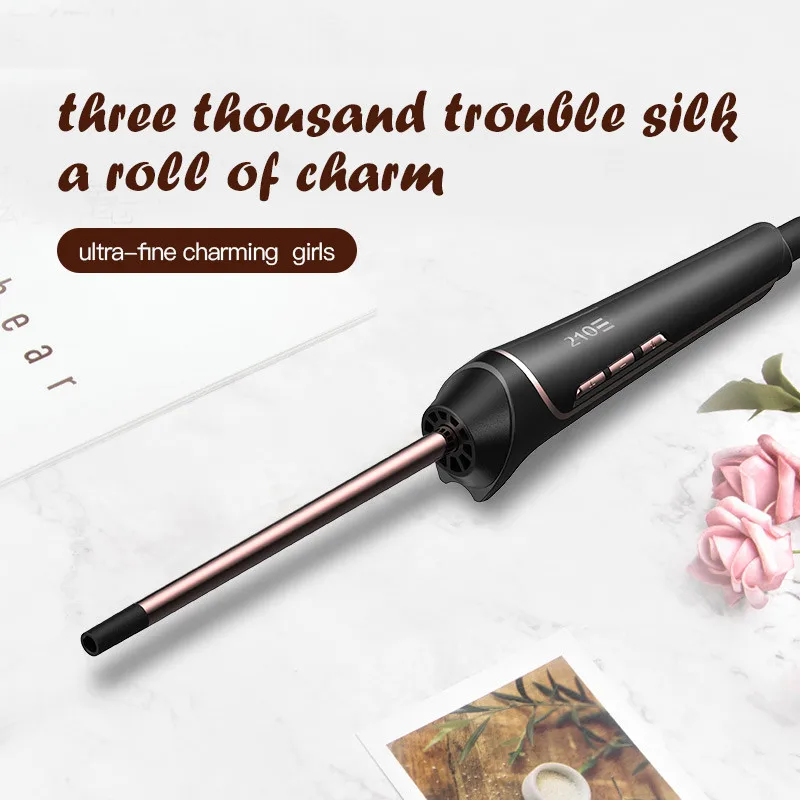 Black with rose gold HSIPRO 10mm Diameter Hair Curler for Micro Curling Hair Styling Ceramic Glaze Coating LED Display Temperature Adjustable - Цвет: Black with rose gold