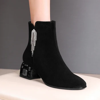 

Brand crystal Thick Heels Women Ankle Boots Autumn Winter Cow Suede Short Ladies Shoes Woman Punk Party Club Shoes Basic Boots