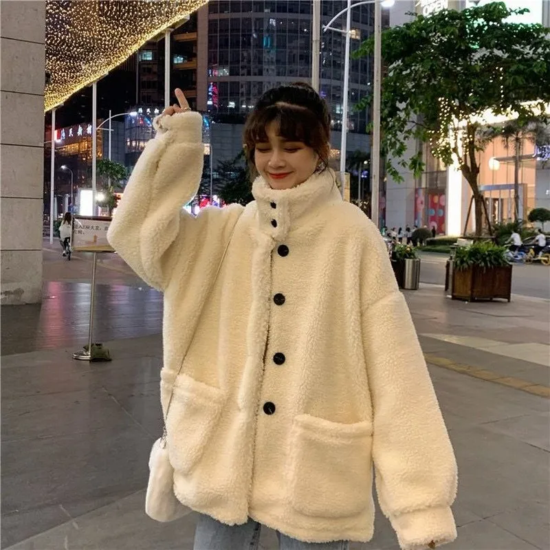 

NiceMix Lambs coat women's new single row black button Mock Neck granular warm woolen coat in autumn and winter 2020 coat women