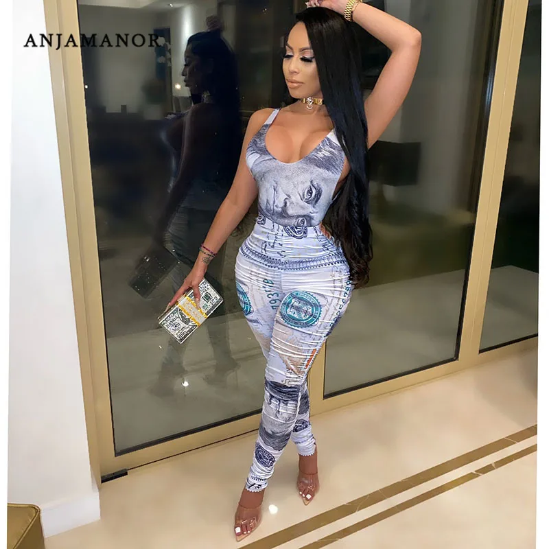 ANJAMANOR-monos con estampado de dinero para mujer, petos Bodycon fruncido en V profundo para mujer, trajes de Club sexys para D6-DA32 de otoño 2020
