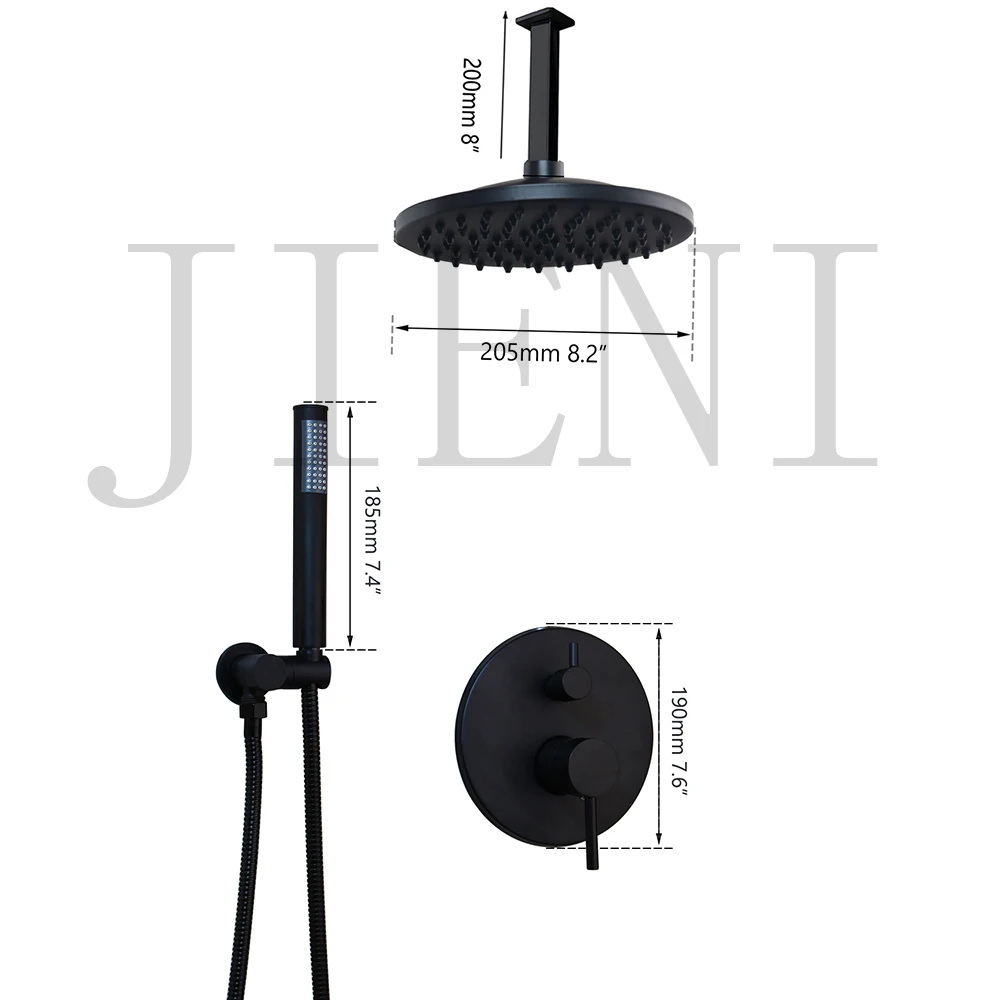 Description Picture 3 of itemJIENI 8 Inch Black Round Wall Mounted Bathroom Rainfall shower faucet Sets Oil Rubbed Bronze head & hand shower Shower Set